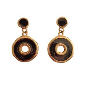 Vintage Trefari Black & Gold Dangle Rounds Pierced Earrings